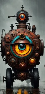 Steampunk mechanical eye design on a rainy street.