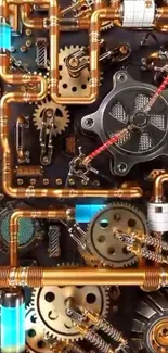 Intricate steampunk design with gears and pipes.