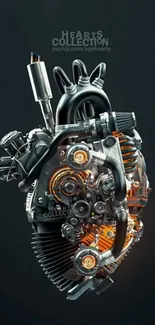 Steampunk mechanical heart with intricate industrial design on dark background.