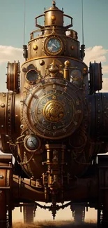 Steampunk mechanical marvel with gears under a dramatic sky.