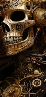 Steampunk mechanical skull with golden gears and intricate details.