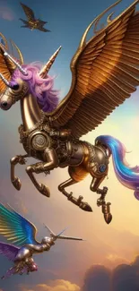 Steampunk unicorns with vibrant wings soar in a fantasy sky.