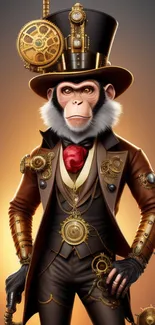 Steampunk monkey with gears and vintage attire on a mobile wallpaper.