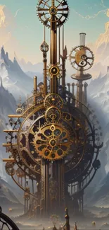 Steampunk gear structure in mountain landscape wallpaper.