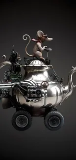 Steampunk mouse driving a robotic teapot illustration.