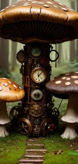 Steampunk mushroom art in a mystical forest setting.