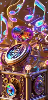 Steampunk gears with floating musical notes in vibrant colors.