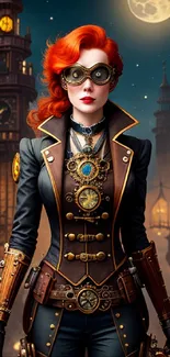 Steampunk figure with red hair under a full moon in a vintage cityscape.