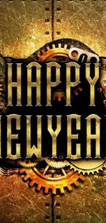 Steampunk themed New Year wallpaper with gears and golden tones.