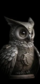 Steampunk owl figurine with intricate metallic details on a dark background.