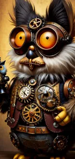 Steampunk fantasy owl holding a miniature robot in vibrant colors.