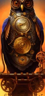 Steampunk owl with clockwork gears against vibrant orange background.