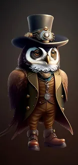 Steampunk owl in a Victorian outfit on a dark brown background.