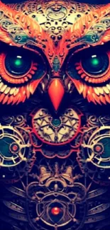 Steampunk owl with intricate mechanical details and vibrant colors on wallpaper.