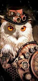 Steampunk owl with gears and clock, dark background, vibrant eyes.