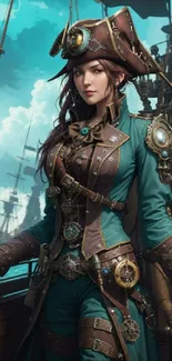 Steampunk pirate girl on a ship with intricate, vintage design in a teal color palette.