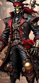 Intricate steampunk pirate with roses mobile wallpaper.