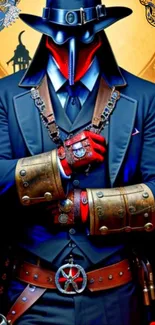 Steampunk plague doctor wallpaper with bold colors and intricate details.