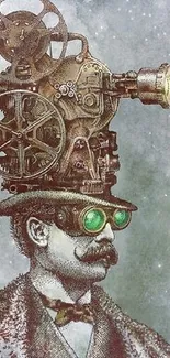 Steampunk gentleman with a projector helmet in an artistic wallpaper design.