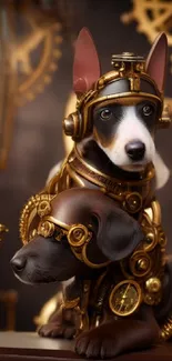 Steampunk dogs with gears in a whimsical scene.