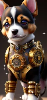 Steampunk puppy with gears as wallpaper.