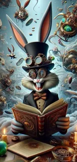 Steampunk rabbit reading in whimsical world