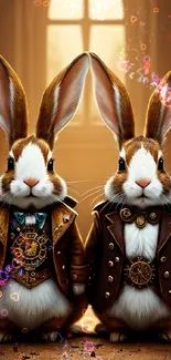 Steampunk rabbits in Victorian costumes with warm brown tones.