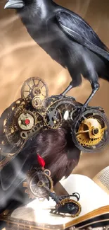 Steampunk raven perched on gears with open book, rich vintage design.