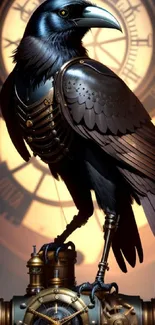 Steampunk raven perched on clockwork mechanism with vintage clock backdrop.