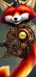 Steampunk red fox with gears and vibrant colors on a dark background.