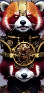 Steampunk red panda illustration with gears, perfect for mobile wallpaper.