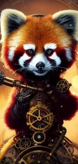 Steampunk red panda with gears on an orange background.