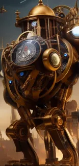 Steampunk robot in futuristic cityscape with brass tones and urban backdrop.