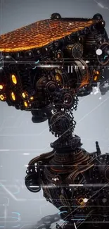 Intricate steampunk robot with glowing gears on a dark gray background.