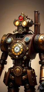 Steampunk robot with clockwork design and metallic gears on a brown backdrop.