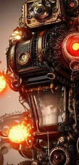 Steampunk robot artwork with gears and bronze details for mobile wallpaper.