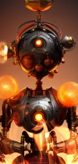 Intricate steampunk robot design on an orange-hued digital wallpaper.