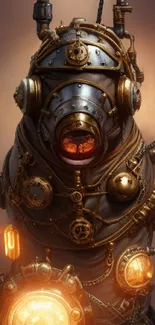 Steampunk robot artwork with metallic and glowing details.