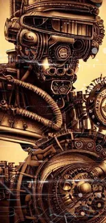 Intricate steampunk robot design in sepia tones.