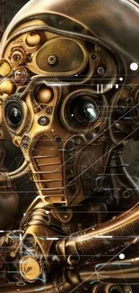 Steampunk robot art with bronze metallic details in a mobile phone wallpaper.