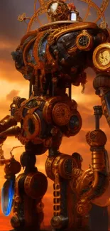 Steampunk robot against a vibrant sunset sky.