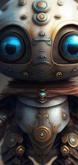 Fantasy steampunk robot with blue eyes and intricate details.