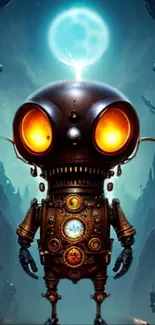 Steampunk robot with glowing eyes in a mystical fantasy setting.