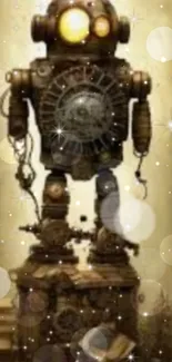 Steampunk robot with glowing lights and gears in a fantasy setting.