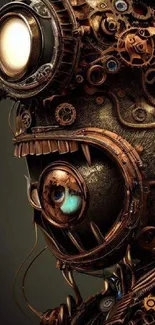 Steampunk robot with gears and bronze tones on mobile wallpaper.