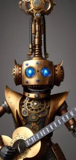 Steampunk robot playing guitar with brass details and blue eyes.