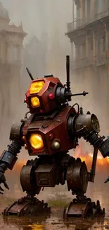 Steampunk robot wandering an eerie cityscape with glowing lights.