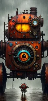 Steampunk robot artwork featuring mechanical design in a rainy setting.