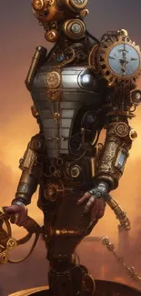 Steampunk robot in a sci-fi landscape with golden mechanical features.