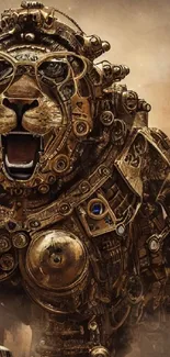 Steampunk robot lion with intricate mechanical design.